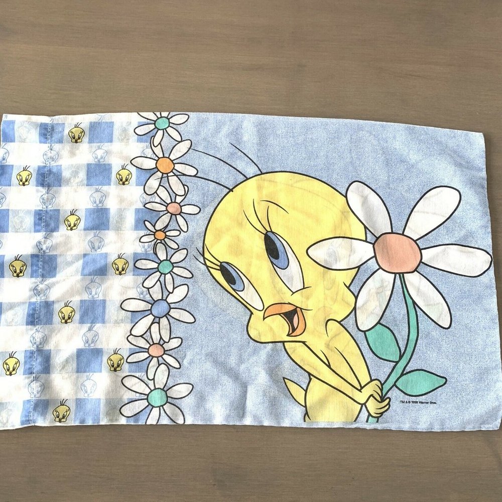 Tweety Bird Pillow Case WB Warner Bros Looney Tunes Blue Plaid Daisy